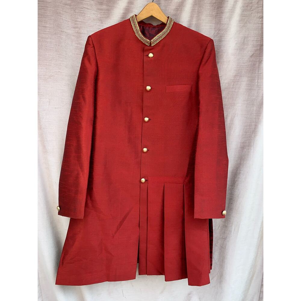 Men's Sherwani Dupioni Silk Red Embellished Formal Traditional 44 46 XL XXL